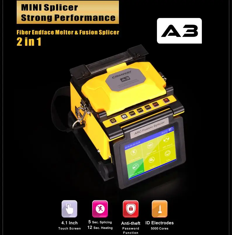 Multi-language Comway A3 optical fusion splicer strong performance fiber endface melter 2 in 1 ARC Splicing machine Touch screen
Multi-language Comway A3 optical fusion splicer strong performance fiber endface melter 2 in 1 ARC Splicing machine Touch screen