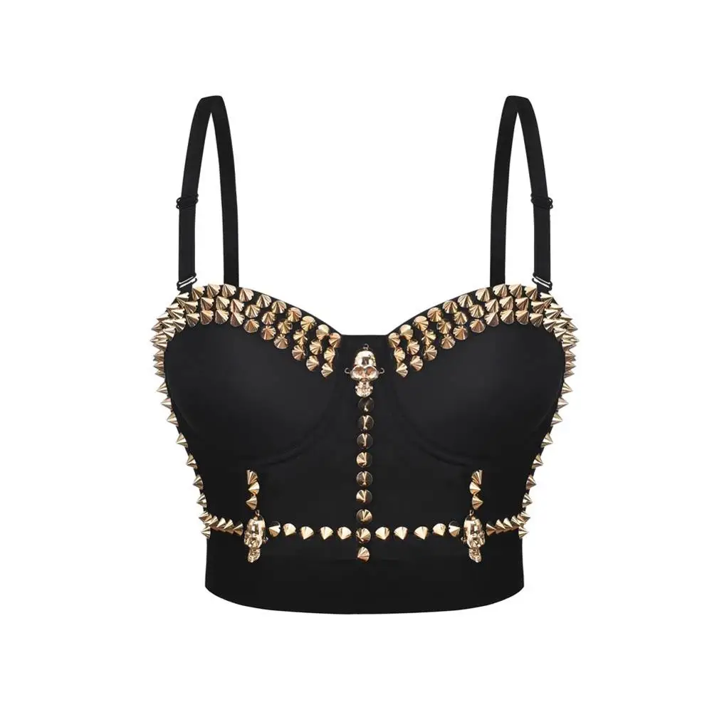 

Black & Gold Rivets Sexy Women Bra Push Up Bralette Lingerie Nightclub Party Wear Punk Rock Bustier Crop Top Brassiere Femme