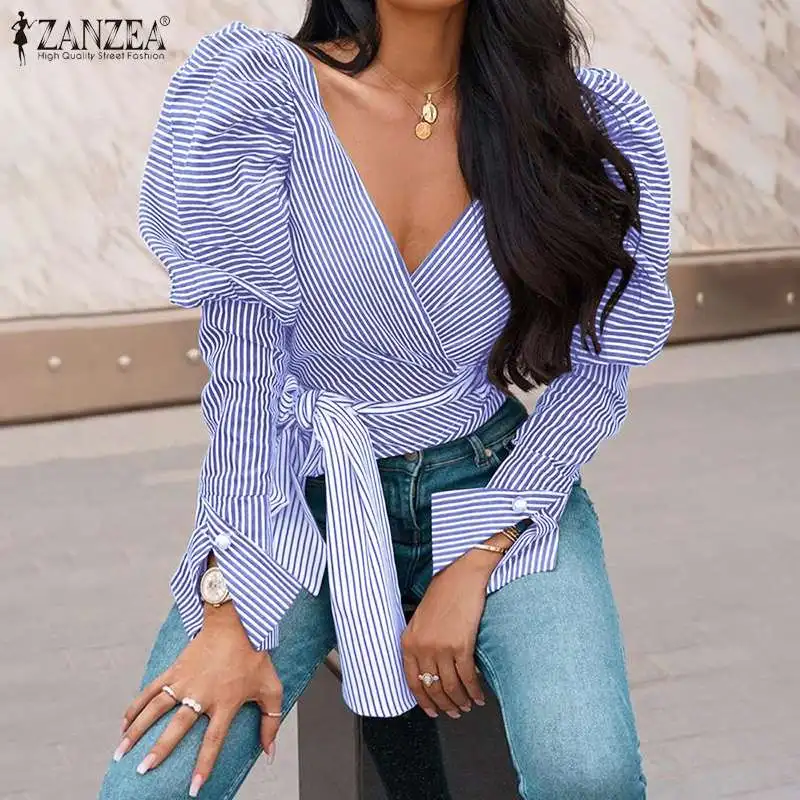 ZANZEA Women Elegant V Neck Puff Sleeve Striped Top Lace Up Blouse Female Robe Work OL Top Chic Shirts Mujer Casual Blusas 
ZANZEA Women Elegant V Neck Puff Sleeve Striped Top Lace Up Blouse Female Robe Work OL Top Chic Shirts Mujer Casual Blusas