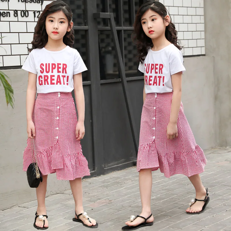 Girls Summer Cotton 2Pcs T Shirt Kids Plaid flounced Skirt Girls Outfits Set Girl's Clothing 3-14
Girls Summer Cotton 2Pcs T Shirt Kids Plaid flounced Skirt Girls Outfits Set Girl's Clothing 3-14