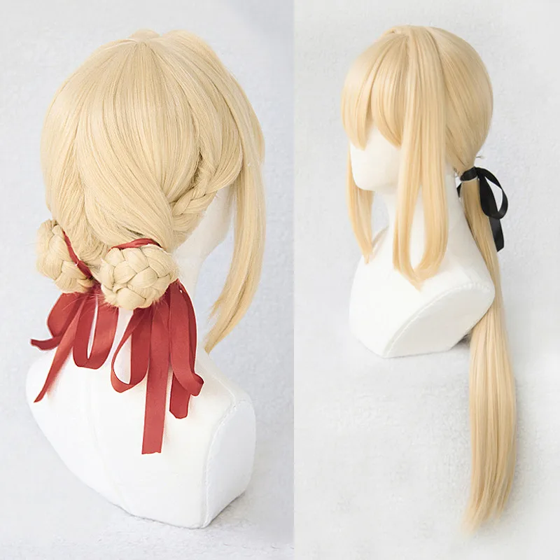 

Violet Evergarden Ponytail Braid Buns Blonde Hair Heat Resistant Cosplay Costume Wig + Wig Cap + Ribbon