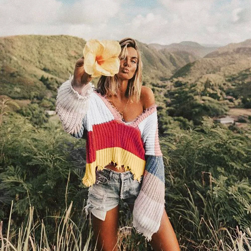 Rainbow Sweater Women Color Stripe V Neck Popcorn Bottoming Knitted Pullovers Sweater Mujer Femme Truien Dames Oversize Blouse
Rainbow Sweater Women Color Stripe V Neck Popcorn Bottoming Knitted Pullovers Sweater Mujer Femme Truien Dames Oversize Blouse