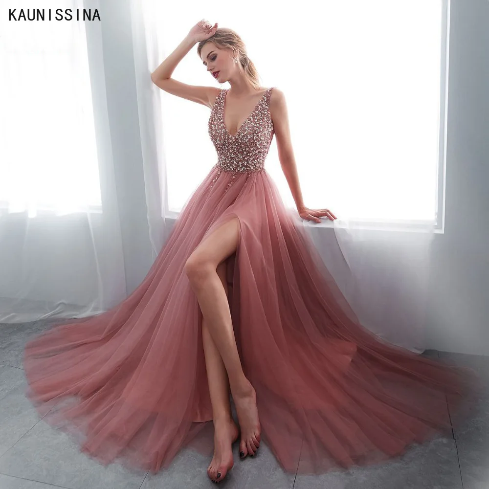 Beading Evening Dress Deep V-Neck High Split Tulle Sweep Train Sleeveless Prom Gown A-line Backless Vestidos de fiesta
Beading Evening Dress Deep V-Neck High Split Tulle Sweep Train Sleeveless Prom Gown A-line Backless Vestidos de fiesta