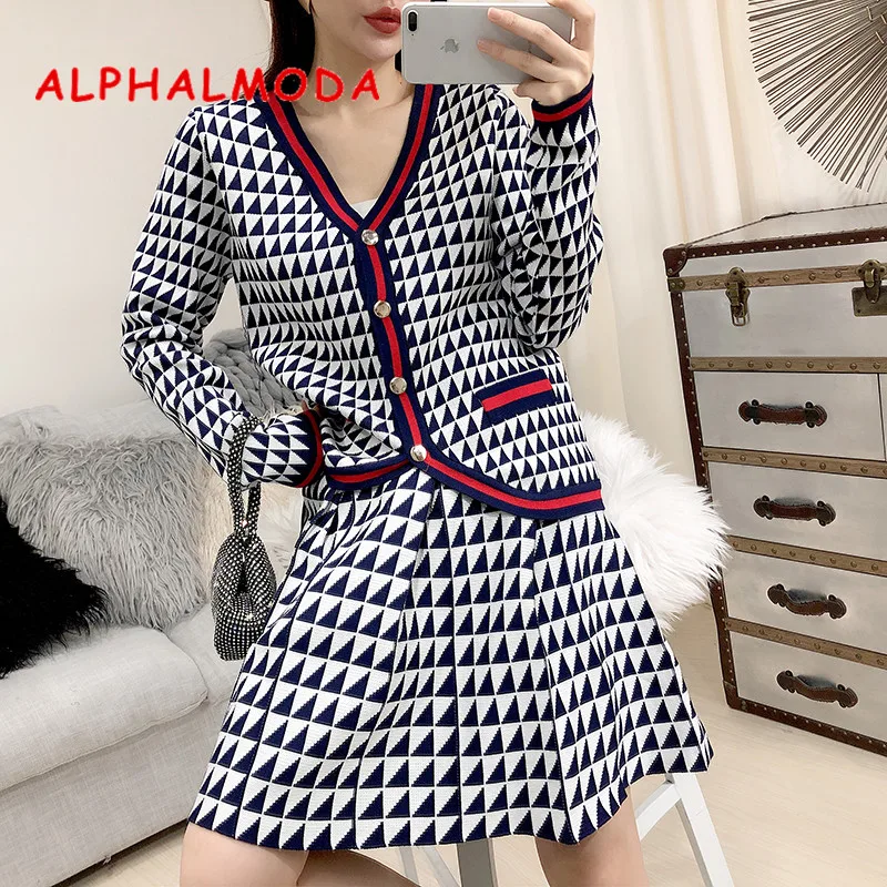Женский однобортный вязаный свитер ALPHALMODA кардиганы с высокой талией юбка