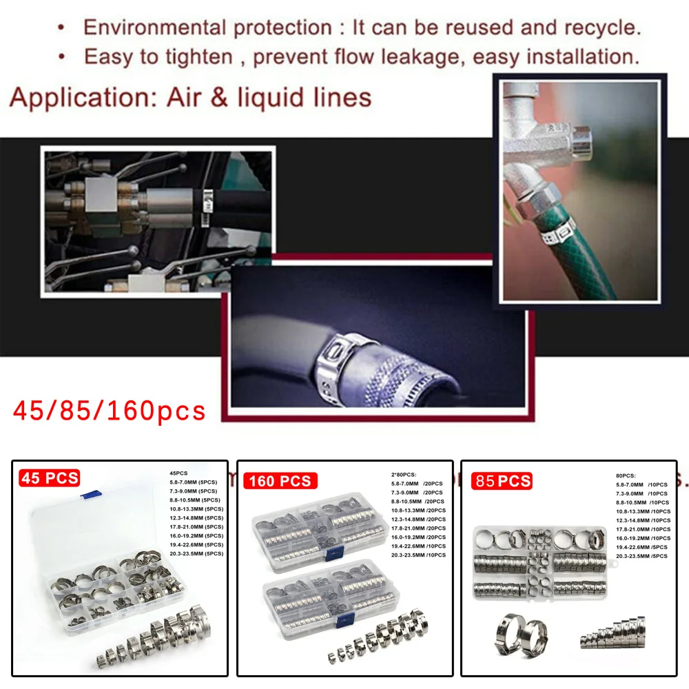 160Pcs Brand New And High Quality Stainless Steel Single 1-Ear Hose Stepless Clamp Assorted Kit 5.8-23.5mm
160Pcs Brand New And High Quality Stainless Steel Single 1-Ear Hose Stepless Clamp Assorted Kit 5.8-23.5mm