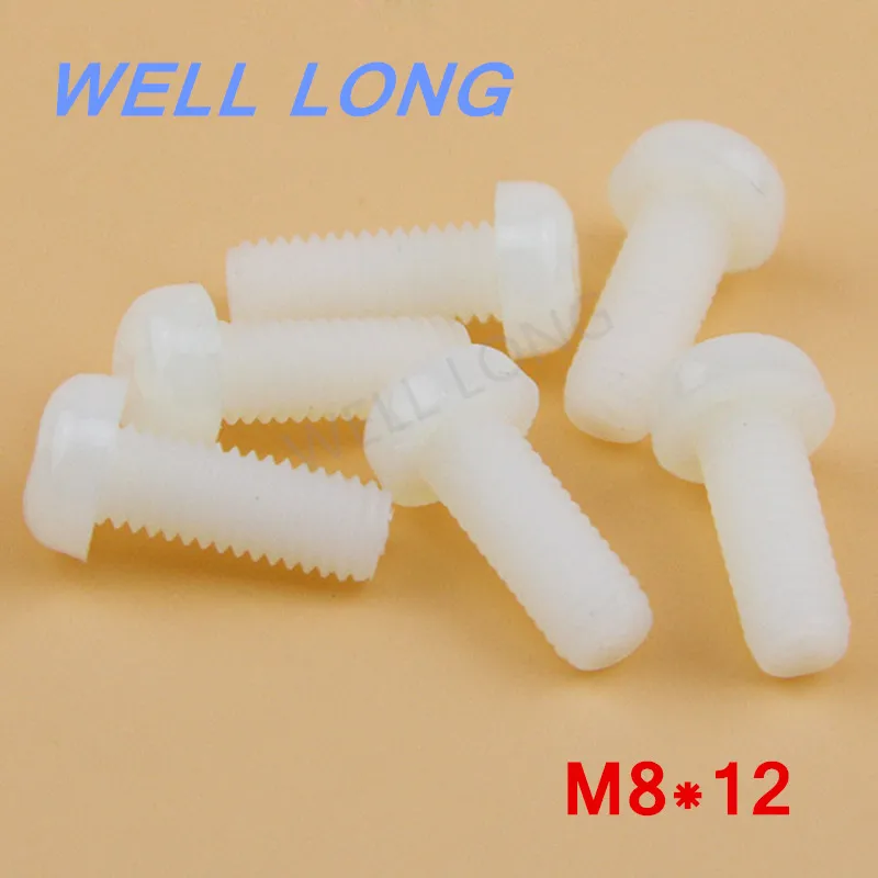 

100pcs/lot M8*12mm White Round head cross nylon screws, pan head plastic screws, plastic bolts.