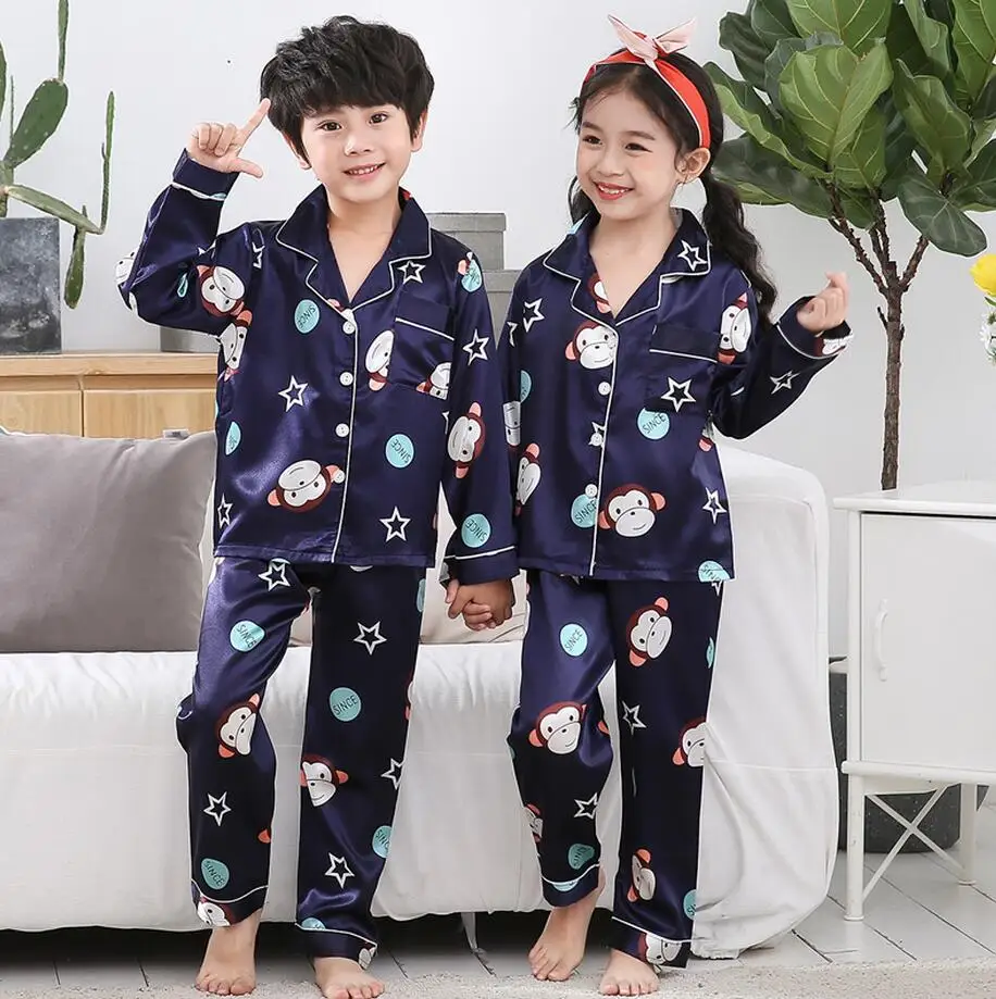 Новинка 2019 шелковая пижама с длинными рукавами и отложным воротником для девочек