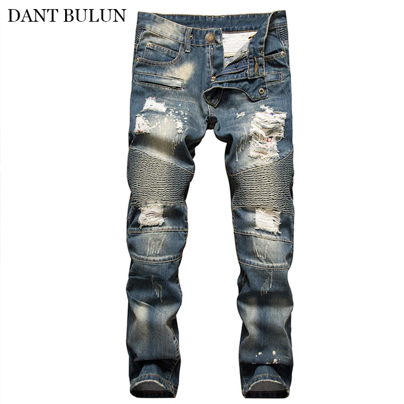 

Jeans Men Pants Distressed Moto Jeans Hombre Beggar Ripped Slim Fit Denim Straight Pants Trendy Biker Jeans Hip Hop Mens