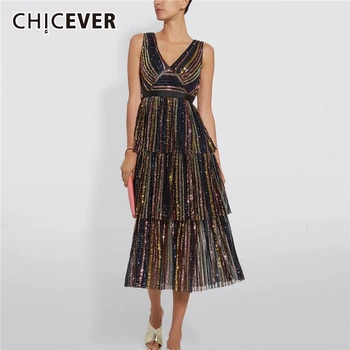 CHICEVER Sexy Striped Patchwork Sequined Party Dresses For Female V Neck Sleeveless Slim High Waist Ruffle Midi Dress Women 2020
CHICEVER Sexy Striped Patchwork Sequined Party Dresses For Female V Neck Sleeveless Slim High Waist Ruffle Midi Dress Women 2020