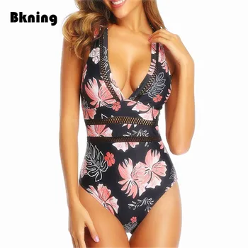 

Floral One Piece Swimsuit Women Patchwork Fishnet Bathing Suit Woman 2020 Print Push Up Monokini Tropical One-piece Swim S- XL