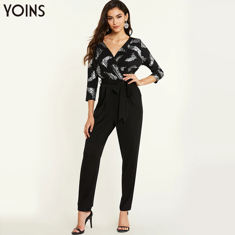 

YOINS 2019 Spring Autumn Women Sexy Deep V Neck Crossed Front Tie-up Jumpsuit Female Elegant Office Trousers Outfits Femme Black