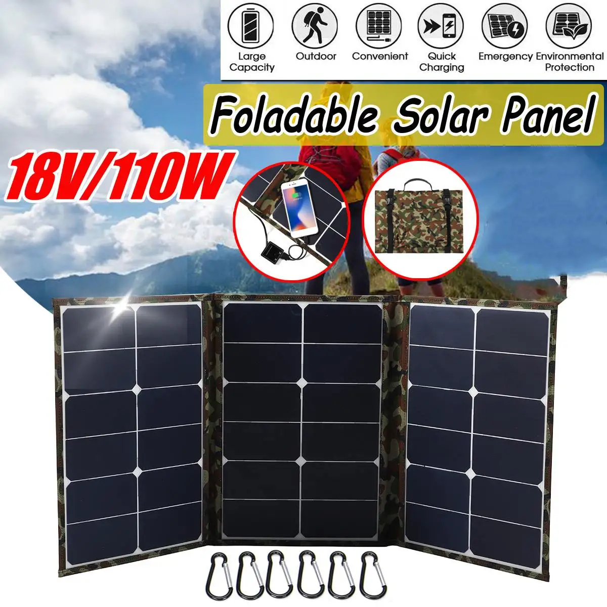 18V 110w Dual USB Solar Panel 870x285MM Output Solar Cells Poly Solar Panel with 6 Carabiners Backpack for Camping Hiking
18V 110w Dual USB Solar Panel 870x285MM Output Solar Cells Poly Solar Panel with 6 Carabiners Backpack for Camping Hiking