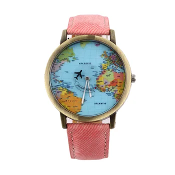 

Women Men Unisex Fashion Vintage Casual World Map watch By Airplane belt Dial Analog Quartz Wrist Watch