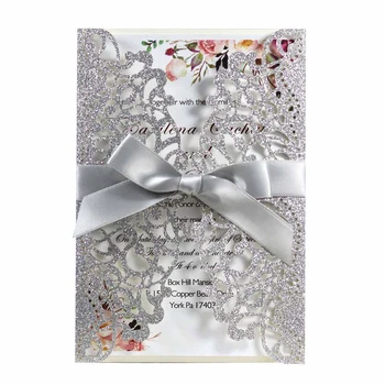 50pc Elegant Wedding Party Invitation Customized Printing Silver Glitter Quinceanera Invitations with Bow and Envelope 
50pc Elegant Wedding Party Invitation Customized Printing Silver Glitter Quinceanera Invitations with Bow and Envelope