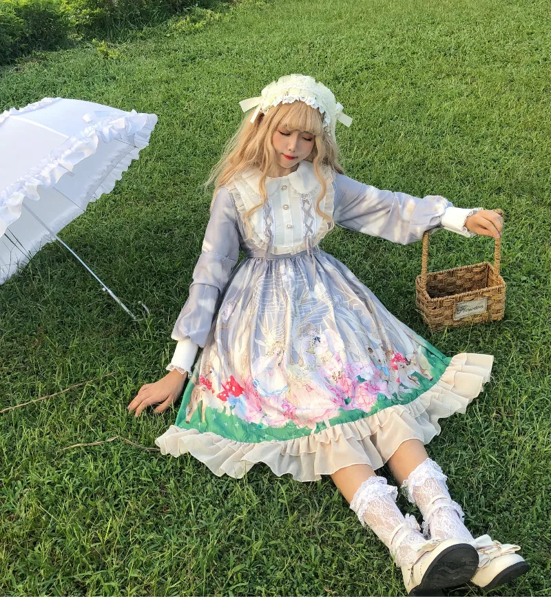 

Princess tea party sweet lolita dress vintage lace peter pan collar lantern sleeve cute printing victorian dress kawaii girl cos
