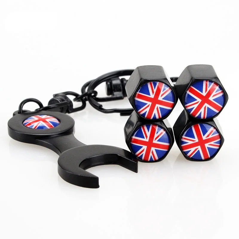 

4 Pcs 3D New British Flag Union Car Tire Valve Cap Mini Wrench Car Key Ring Keychain Wheel Valve Cap Dust Stems Air Cover