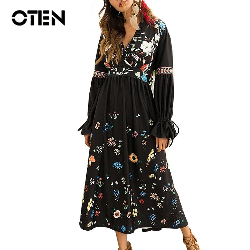 OTEN 2019 Autumn Casual Women Dress Mid-Length Sweet Floral Print Ruffle Deep V Neck Long Sleeve Vintage Black Femme Robe Party
OTEN 2019 Autumn Casual Women Dress Mid-Length Sweet Floral Print Ruffle Deep V Neck Long Sleeve Vintage Black Femme Robe Party