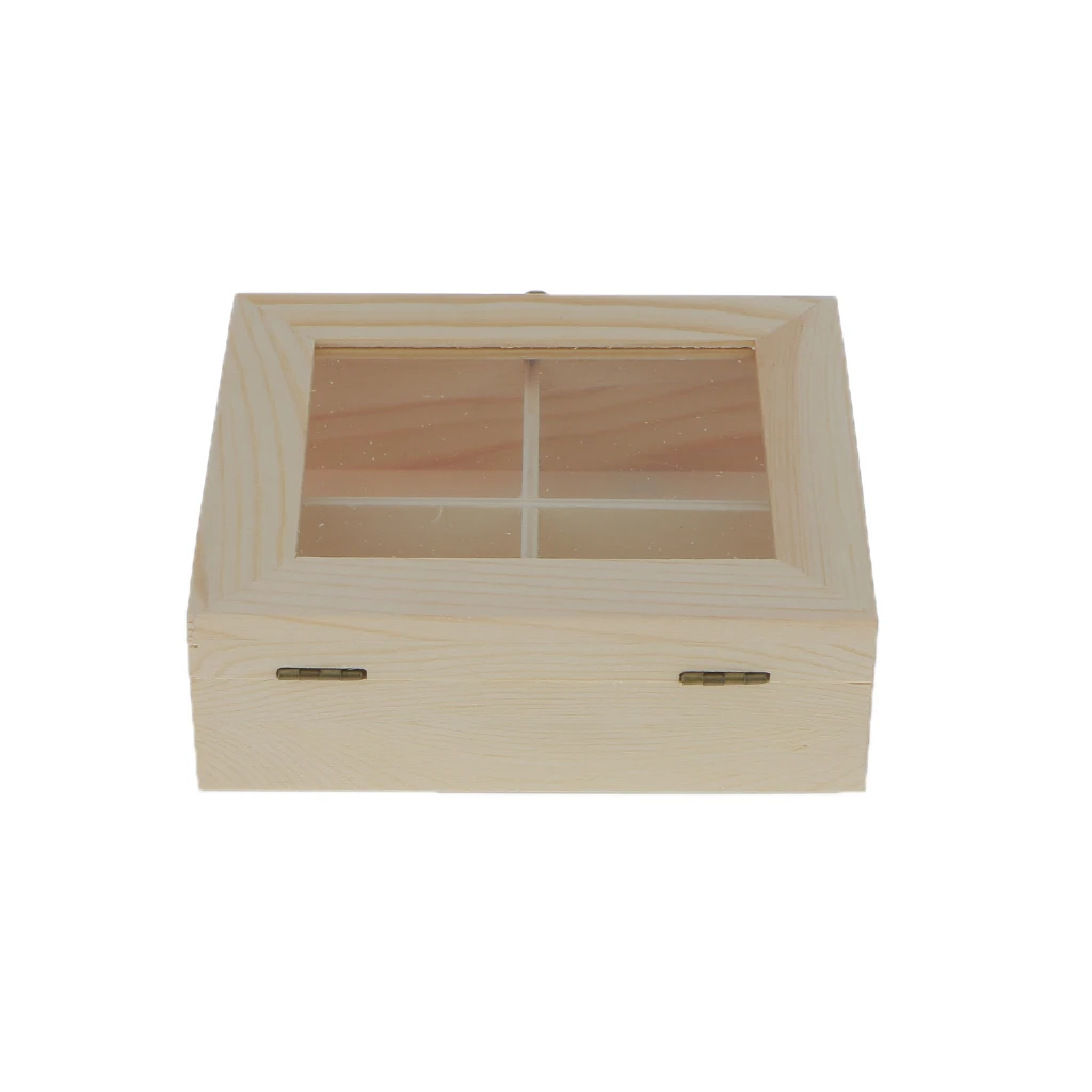 Natural 4 Grids Unpainted Wood Jewelry Storage Box Chest Case With Glass Lid Natural 4 Grids Unpainted Wood Jewelry Storage Box Chest Case With Glass Lid