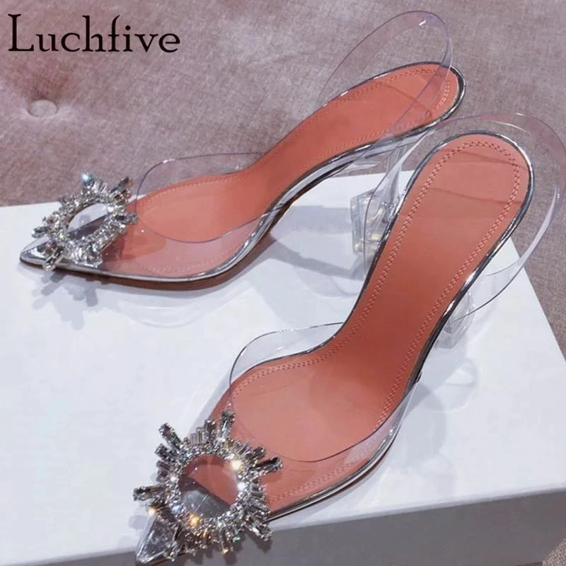 

2024 Flower Crystal PVC Sandals Women Goblet Heels Ladies Shoes Pointy Toe Clear Slingbacks Plus Size Green Zapatos Mujer