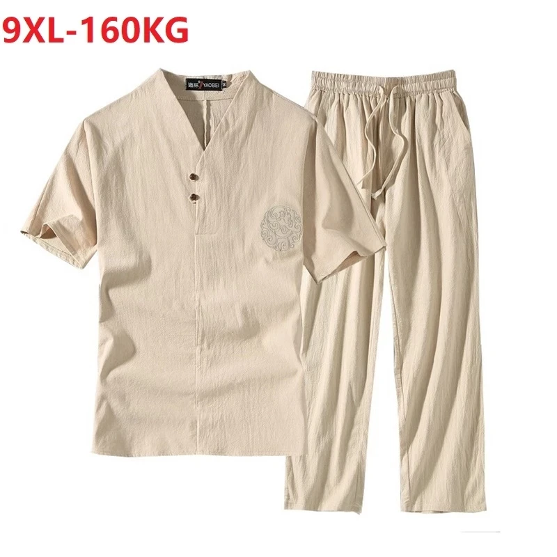 Men T-shirt short sleeve and pants Chinese style large size 7XL 8XL 9XL vintage Tang suit v-neck tees linen cotton homewear 70
Men T-shirt short sleeve and pants Chinese style large size 7XL 8XL 9XL vintage Tang suit v-neck tees linen cotton homewear 70