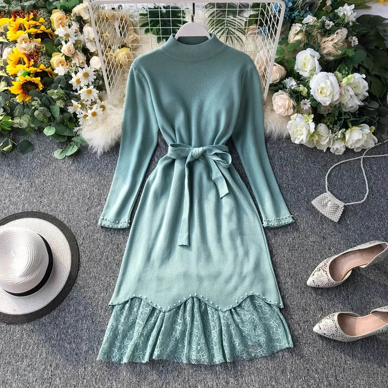 Taotrees Women Knitted Dress Autumn Long Sleeve Lace Patchwork Belt Solid Female Dresses
Taotrees Women Knitted Dress Autumn Long Sleeve Lace Patchwork Belt Solid Female Dresses