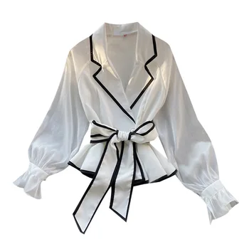 Women's Notched Full Chiffon Shirt Spring Autumn Contrast Color Patchwork Sashes Waist Ruffled Top Coat Short Lacing Shirt ML560
Women's Notched Full Chiffon Shirt Spring Autumn Contrast Color Patchwork Sashes Waist Ruffled Top Coat Short Lacing Shirt ML560