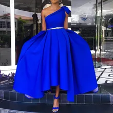Elegante azul un hombro largo hasta el suelo vestido de fiesta de noche de talla grande Sexy sin mangas plisado una línea mujeres largo Maxi vestido 2019(China)