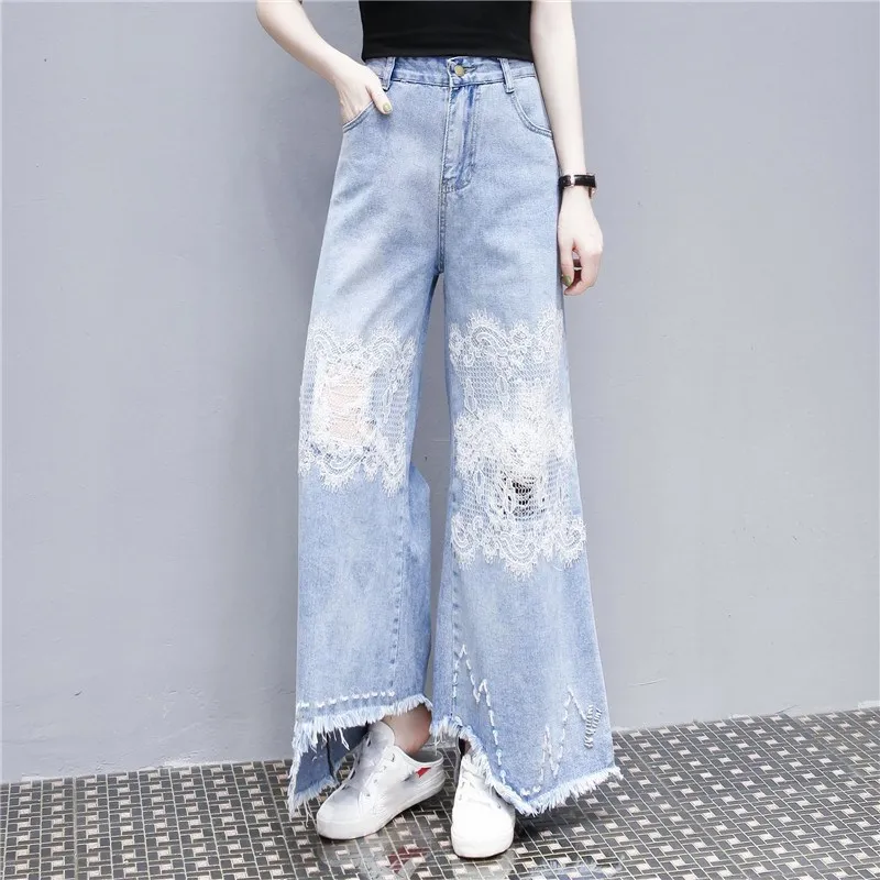Nice High Waist Jeans Woman Plus Size Women Streetwear Blue Jeans Flare Pants Irregular Vintage Lace Jeans 
Nice High Waist Jeans Woman Plus Size Women Streetwear Blue Jeans Flare Pants Irregular Vintage Lace Jeans