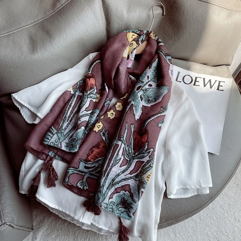 

2021 New Cotton Vintage Flower Print Tassel Scarves Shawls Long Floral Blossom Head Muffler Wrap Hijab Free Shipping