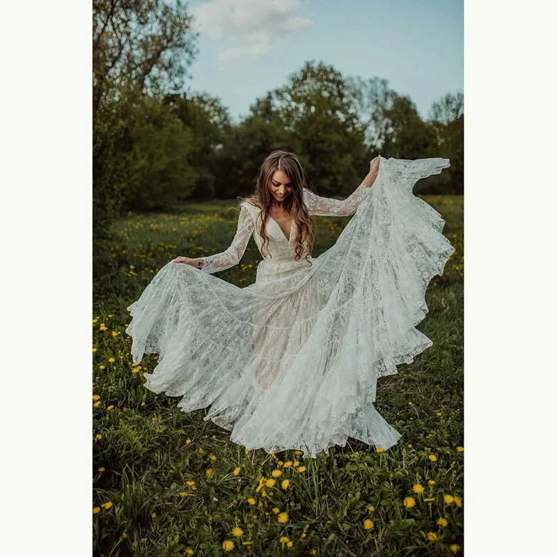 Latest Charming Boho Lace Wedding Dresses for Bride Long Sleeve Sexy Plunge V Neck Bow Belt Bridal Wedding Gowns Backless
Latest Charming Boho Lace Wedding Dresses for Bride Long Sleeve Sexy Plunge V Neck Bow Belt Bridal Wedding Gowns Backless