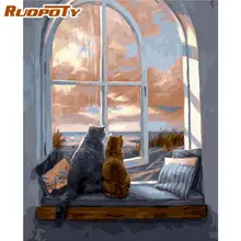 

RUOPOTY Oil Painting By Numbers HandPainted 60x75cm Framed Cats On Window Animal Picture By Number Home Living Room Decors