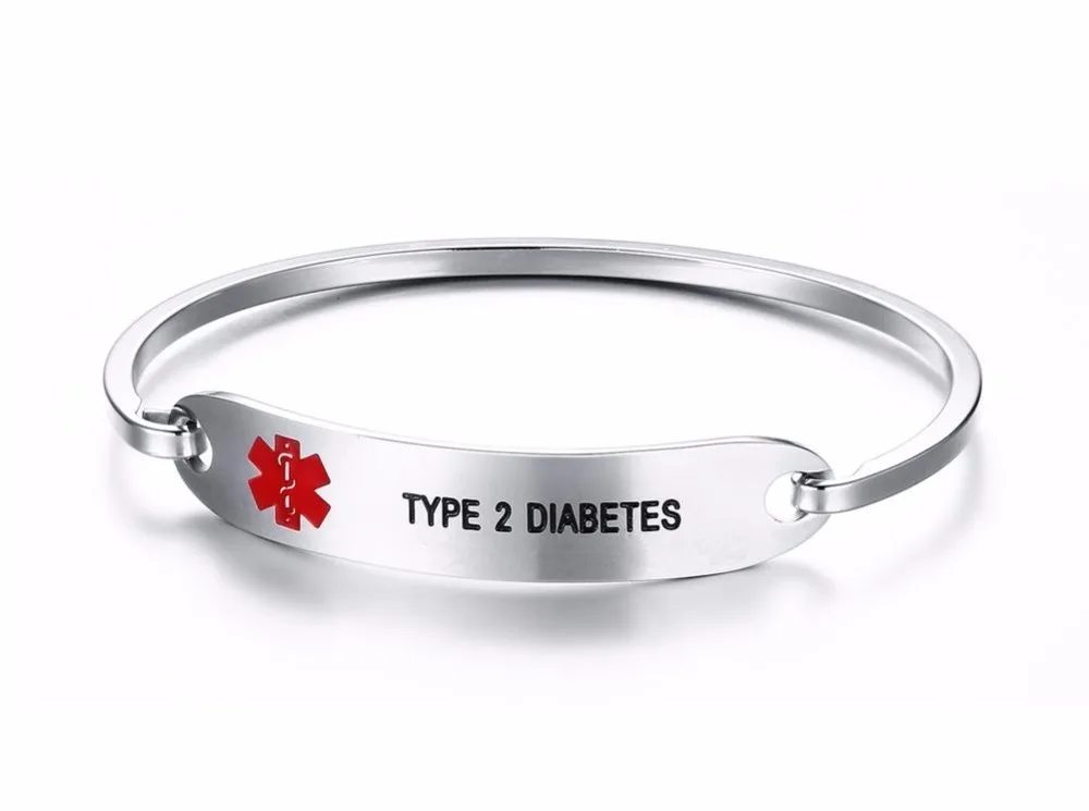 women Stainless Steel Medical Alert ID Bangle Bracelet Silver TYPE 2 DIABETES 11