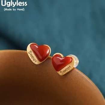 

Uglyless Letters Sweet LOVE Gifts Jewelry for Women Nature Meaty Agate Heart-shape Studs Earrings Gold 925 Silver Brincos Bijoux