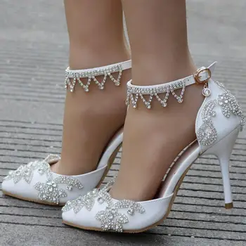 Women Crystal Flower Wedding High Heels White Bridal Shoes Sexy Pumps Tassel Rhinestone Ankle Strap Pointed Toe Valentine Heels
Women Crystal Flower Wedding High Heels White Bridal Shoes Sexy Pumps Tassel Rhinestone Ankle Strap Pointed Toe Valentine Heels