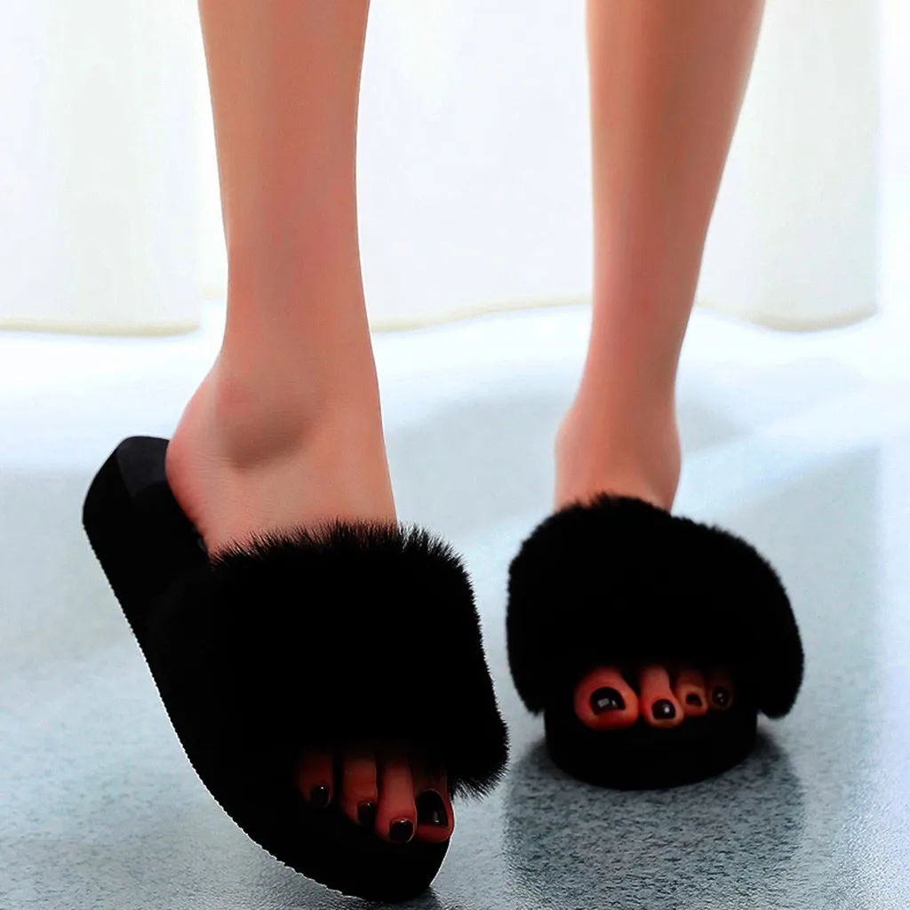 slippers Winter Plush Shoes Woman Indoor outdoor Fur pure Slippers For Women Warm Slip on Flats Open toe shoes #G2 | Обувь