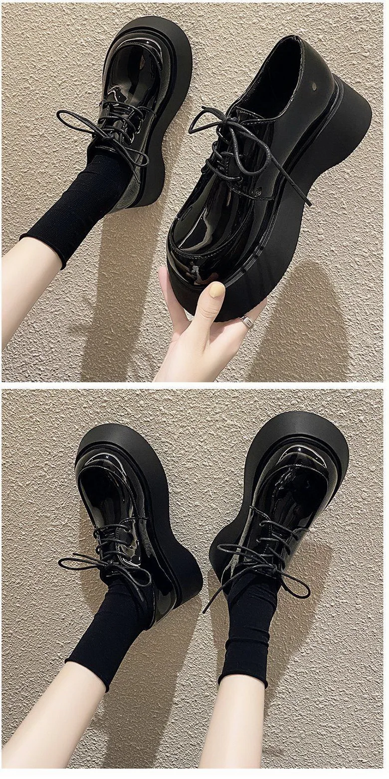Platforms Shoes Women Bottom Heels Woman Autumn Shoes Round Big toe Shoe British Style Girls Faves Footwear Slip On Black