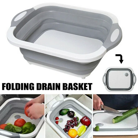 

4 IN 1 Folding Cutting Board Collapsible Dish Tub with Draining Plug Colander Vegetables Fruits Wash Drain Sink Storage Basket