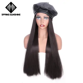 

Synthetic Long Straight PU Fur Beret Cap Hair Extensions Travel Cadet Hat Party Wig Military Hat Newsboy Cap with Hair Extension