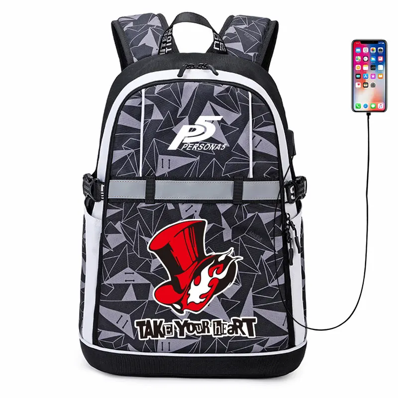 Persona 5 Backpack P5 Akira Kurusu Anime USB Bags Oxford Reflective Stripe Schoolbag Travel Bags
Persona 5 Backpack P5 Akira Kurusu Anime USB Bags Oxford Reflective Stripe Schoolbag Travel Bags