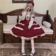 

Palace Princess Sweet Lolita Dress Vintage Falbala Bowknot Fake Two Pieces Victorian Dress Kawaii Girl Gothic Lolita Op Loli Cos