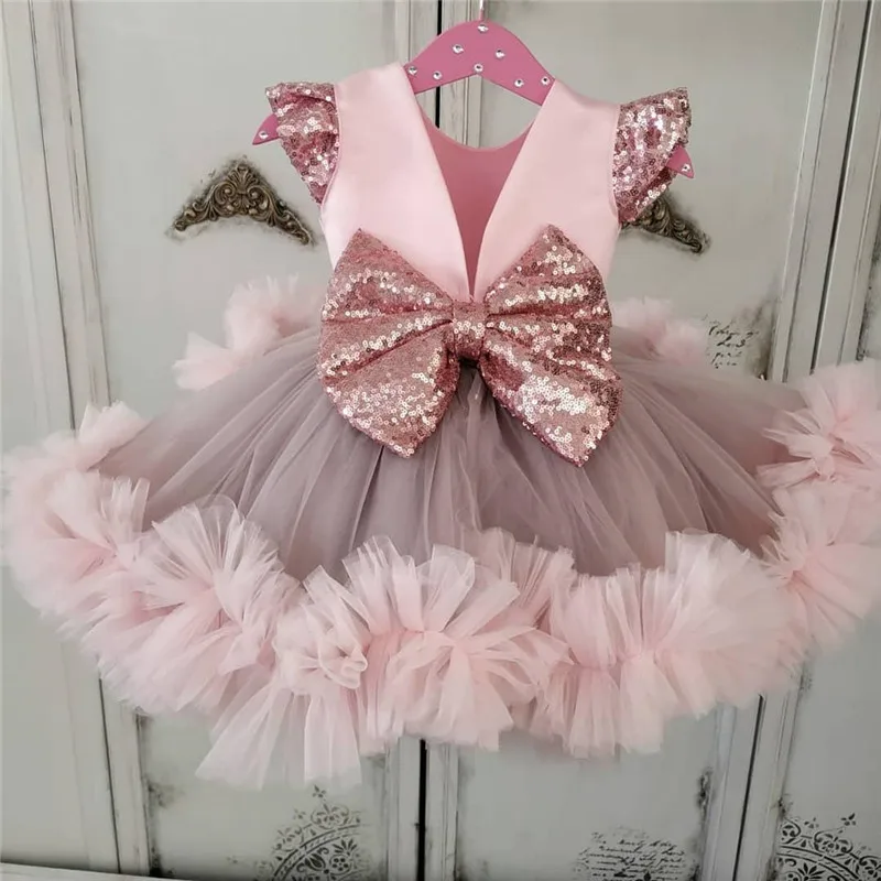 

Cute Pink Baby Girls Dresses Puffy Toddler First Birthday Dresses Tutu Outfit Size 12m 18m 24M Flower Girl Dress with Bow