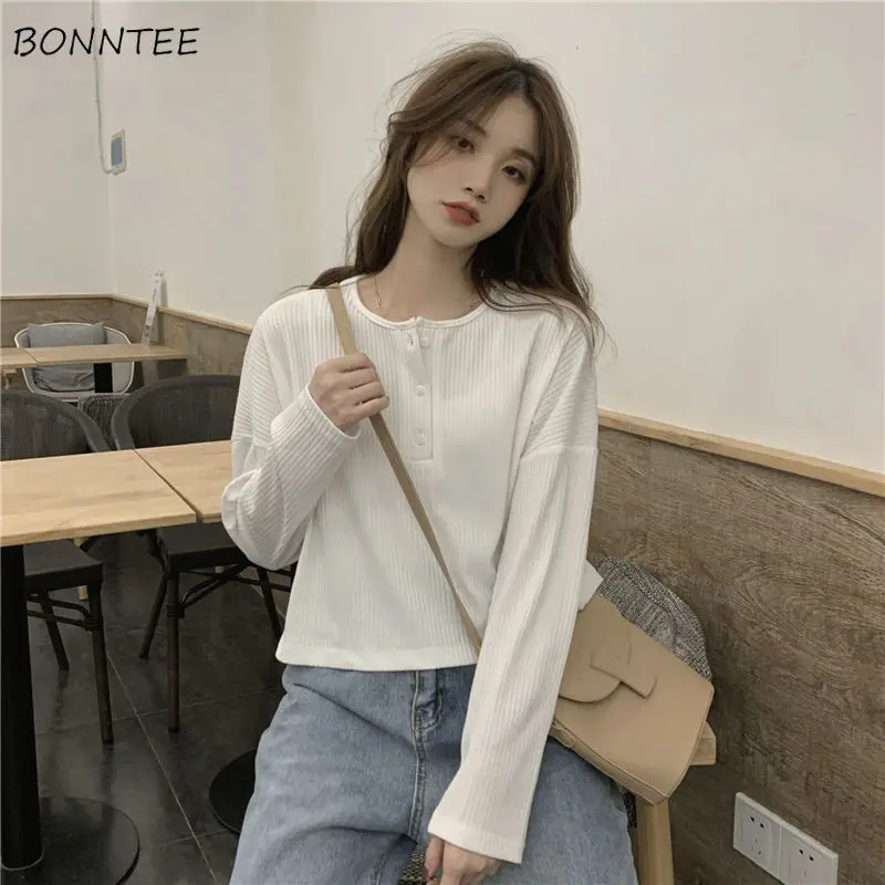 

T-shirts Women Simple Casual Cropped Autumn Long Sleeve Fashion O-neck Japanese Style Solid All-match Street Sweet Girls Cozy