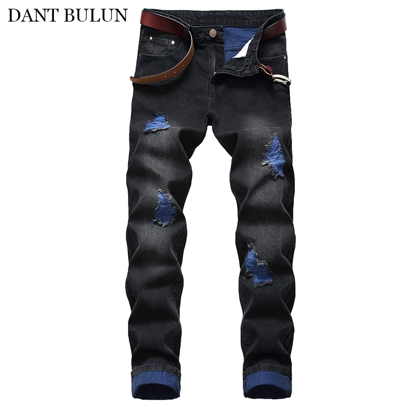 

Denim Men Jeans Trousers Straight Washed With Ripped Holes Skinny Black Pants Slim Fit Jeans Men Pants Homme Pantalones Hot Sale