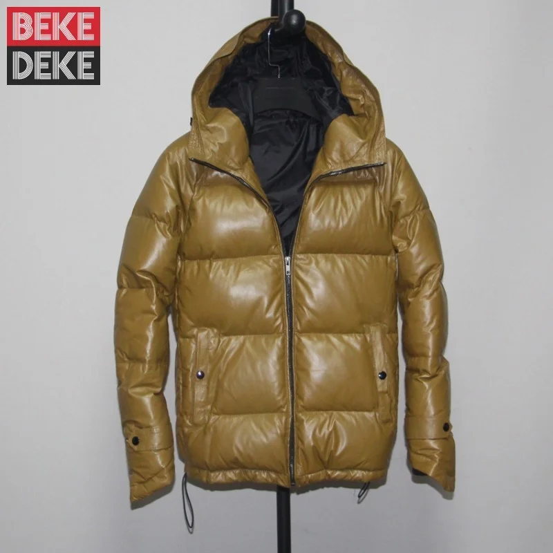

Mens Winter Warm Light White Duck Down Jacket Unisex Hoody Sheepskin Genuine Leather Jacket Slim Fit Overcoat Plus Size 5XL Coat