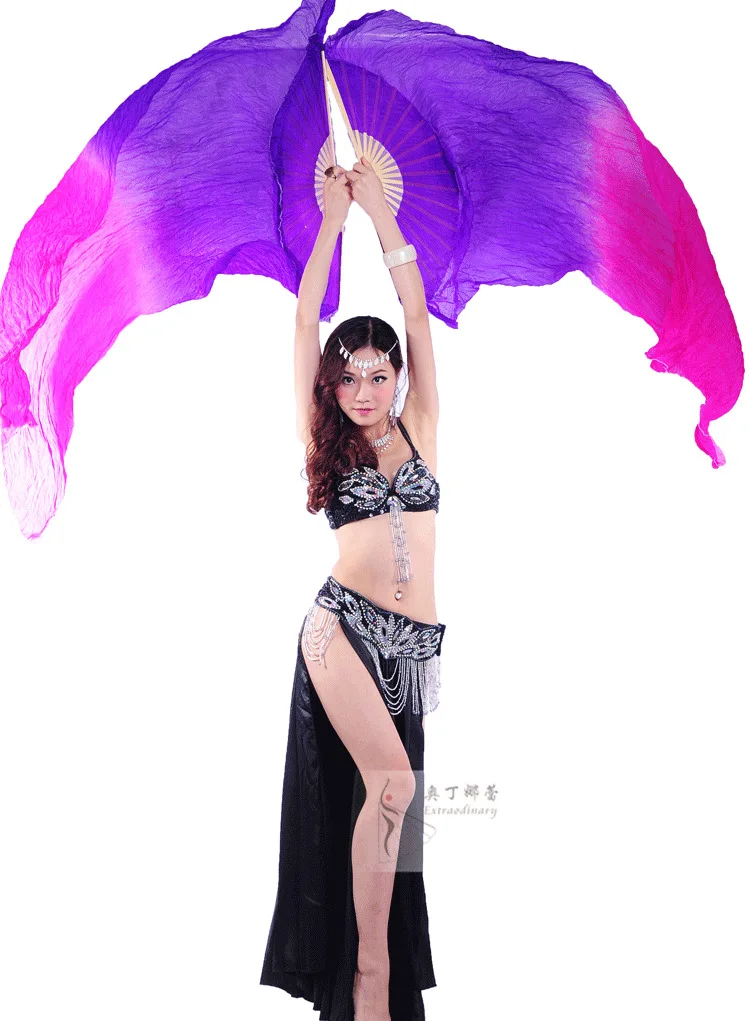 

1pair/1pc 2020 Silk Belly Dance Veil Fans Bamboo Ribs Handmade Dyed Performance Long Fan Belly Dancing Imitation Silk Fans