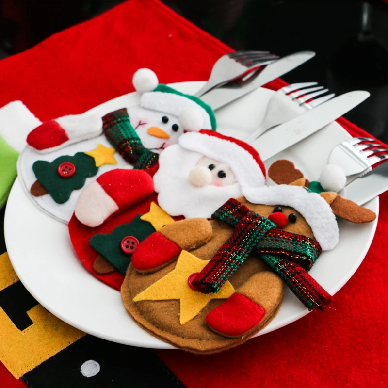 

3pcs Snowman Santa Claus Elk Kitchen Cutlery Suit Silverware Holders Pockets Knifes Forks Bag Christmas Dinner Table Home Decor