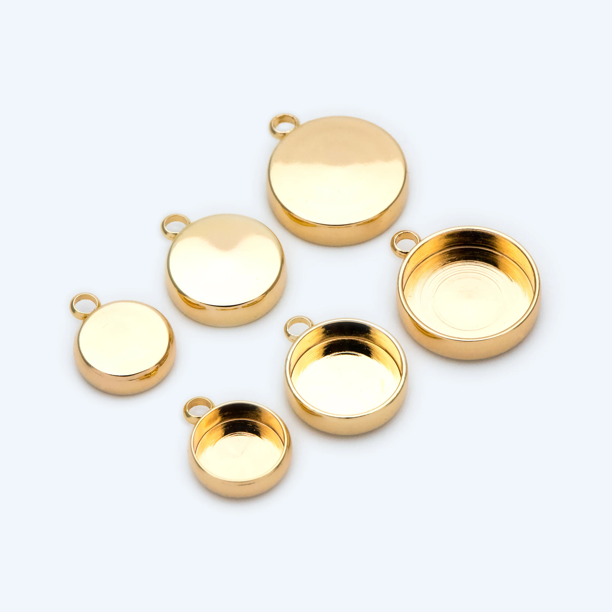 

10pcs Gold Bazel Setting, Round Blank Charm Pendants, Inner 8/ 10/ 12mm, Gold Plated Brass Cabochon Base (GB-1748)