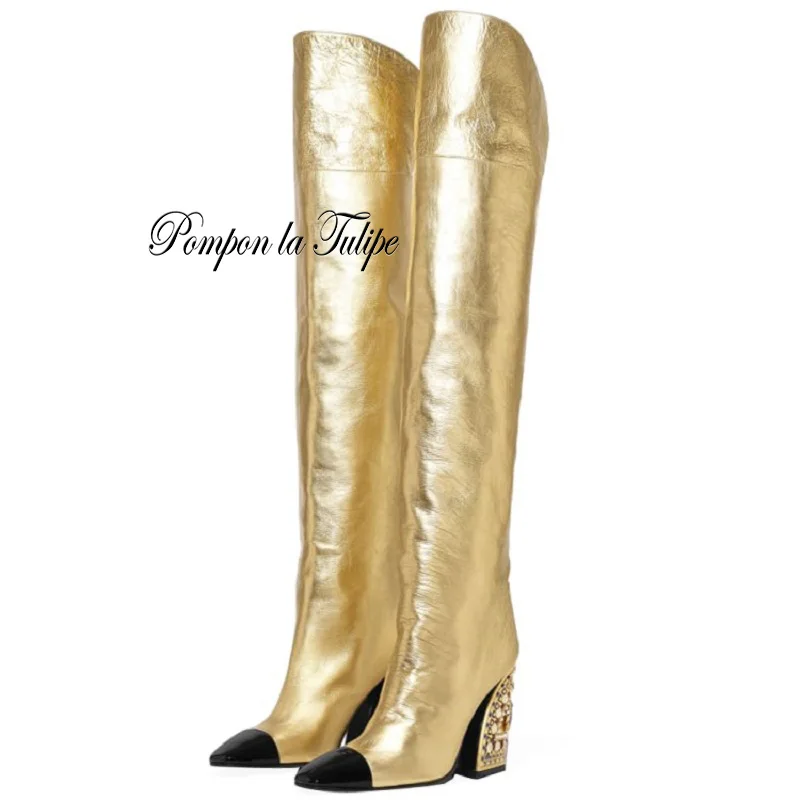 ZZ 941120 Fancy Catwalk Pointed Toe Genuine Cow Leather Golden 10CM High Heel Plush Fashion Women Knee High Boots Women Shoes 
ZZ 941120 Fancy Catwalk Pointed Toe Genuine Cow Leather Golden 10CM High Heel Plush Fashion Women Knee High Boots Women Shoes