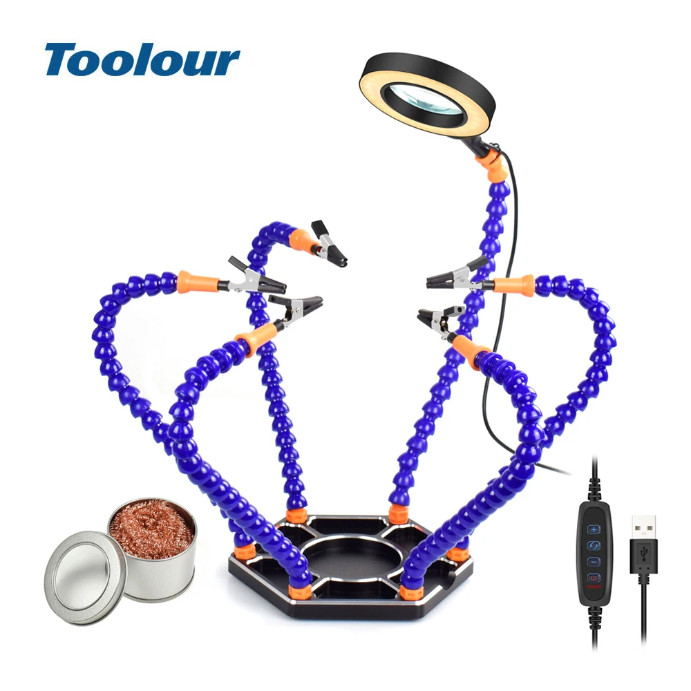 Toolour 6pcs Flexible Arms Soldering Holder 3X Magnifier USB LED Light Third Helping Hand Welding Rework Tool With Cleaning Ball
Toolour 6pcs Flexible Arms Soldering Holder 3X Magnifier USB LED Light Third Helping Hand Welding Rework Tool With Cleaning Ball