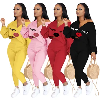 Autumn Women Long Sleeve Printed Lips V Neck Solid Long Pants Two Piece Casual Sets Women Clothing Set Wholesale Dropshpping
Autumn Women Long Sleeve Printed Lips V Neck Solid Long Pants Two Piece Casual Sets Women Clothing Set Wholesale Dropshpping
